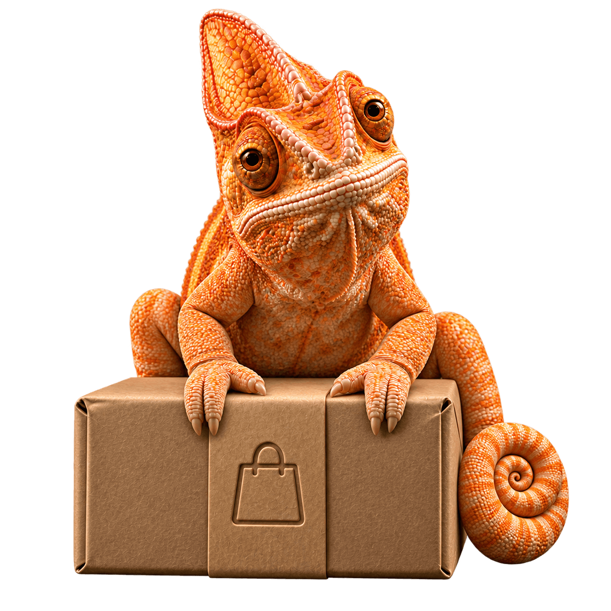 Oranžový chameleon s balíčkem pro e-shop