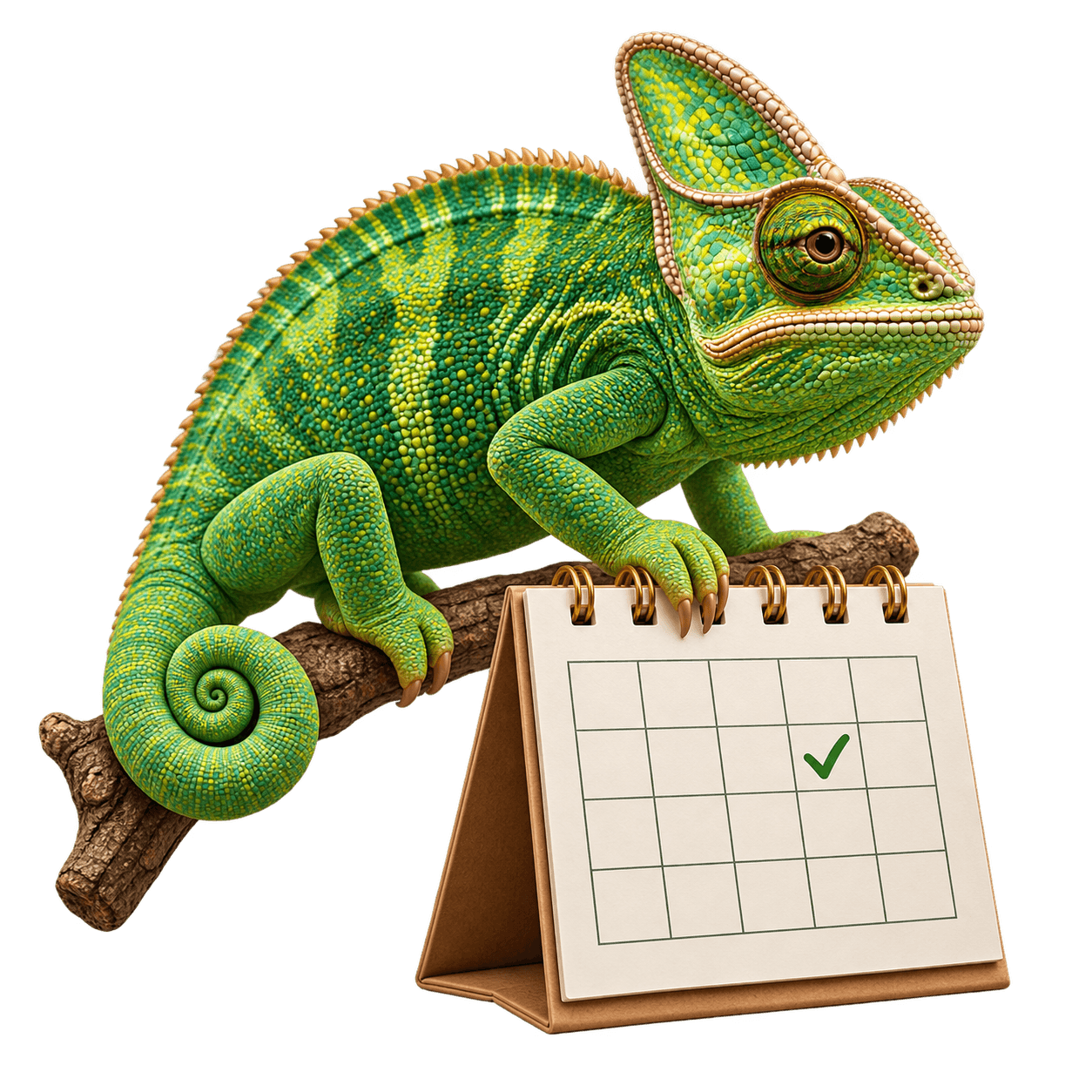 Zelený chameleon na větvi s rezervačním kalendářem