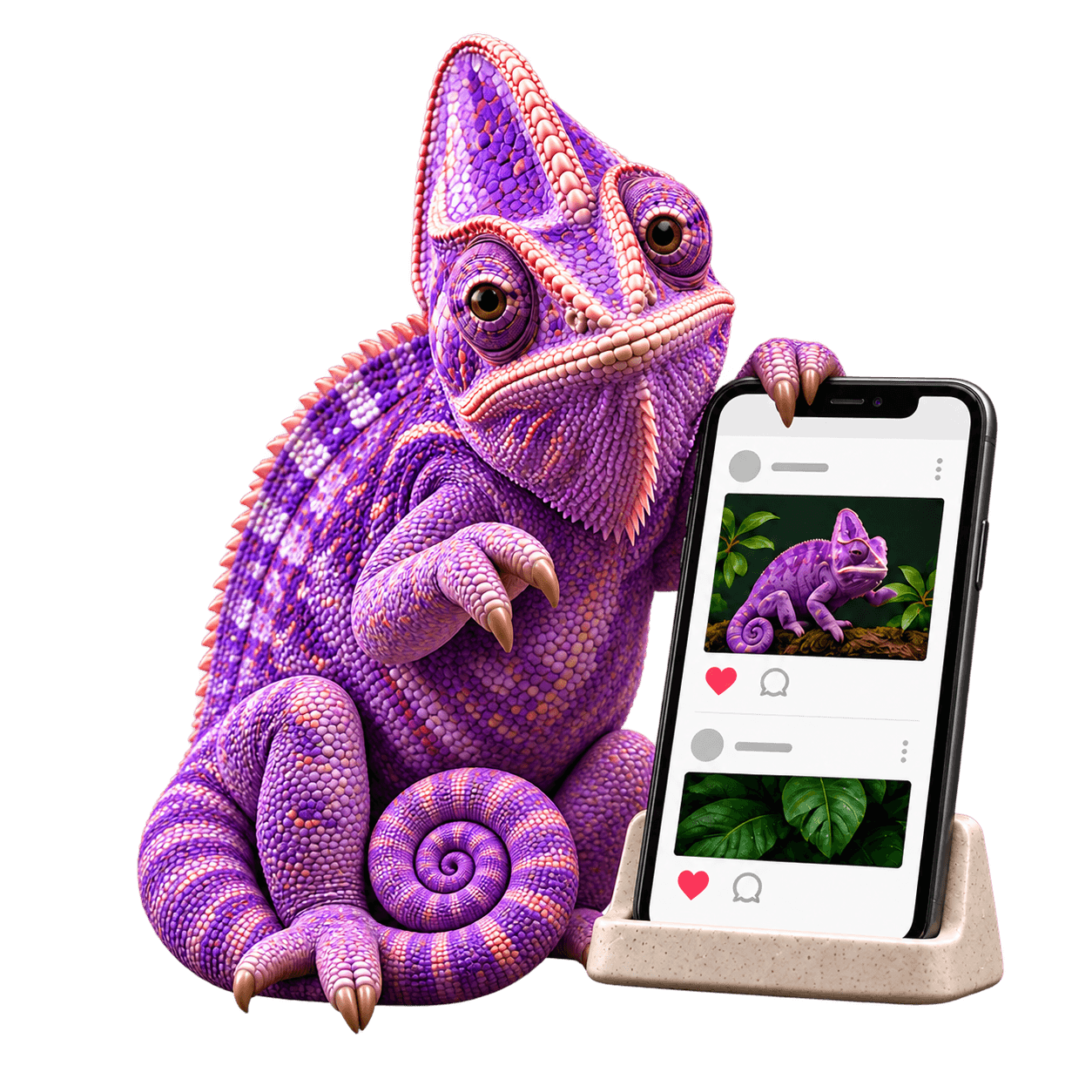Fialový chameleon spravuje sociální sítě na telefonu