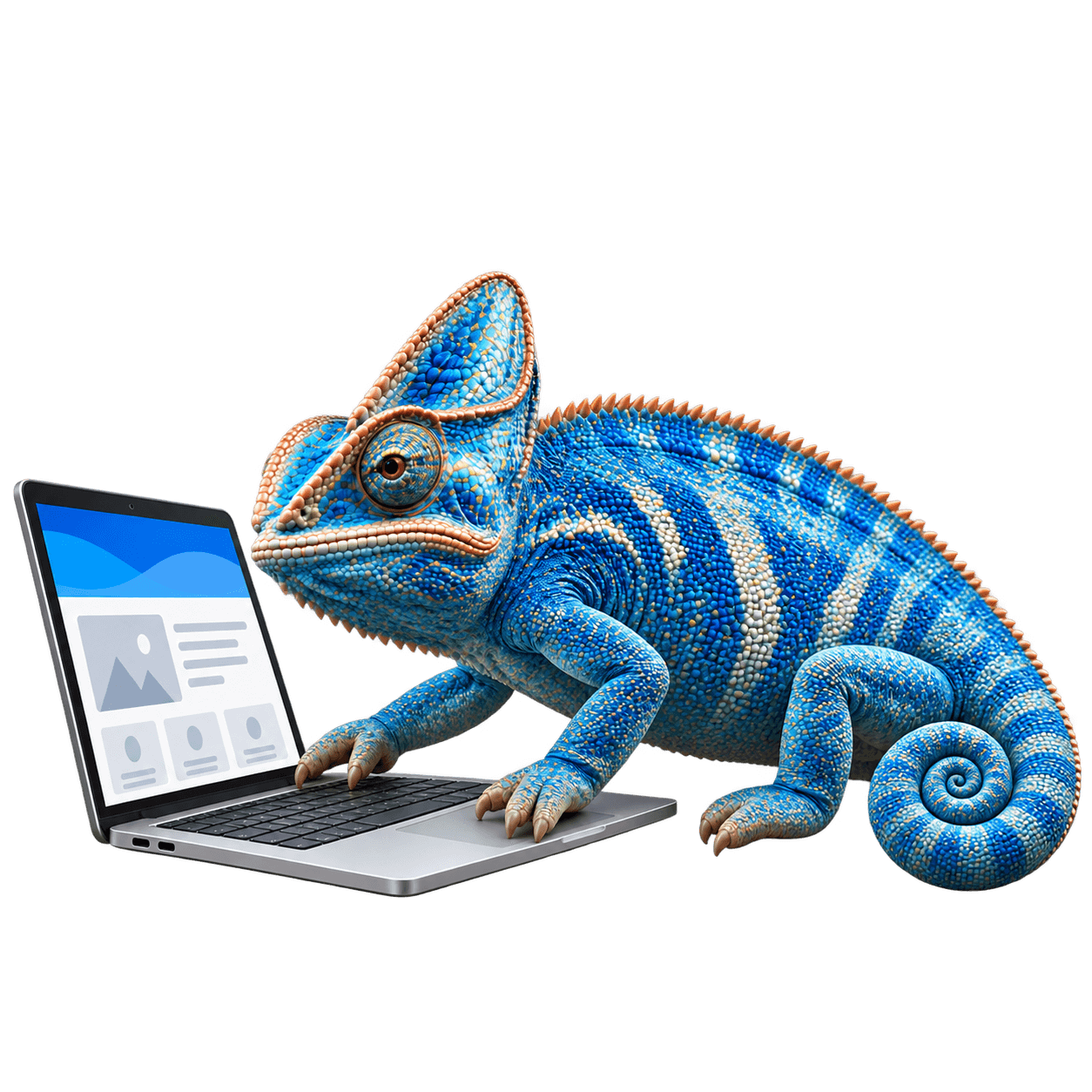 Modrý chameleon tvoří web na notebooku