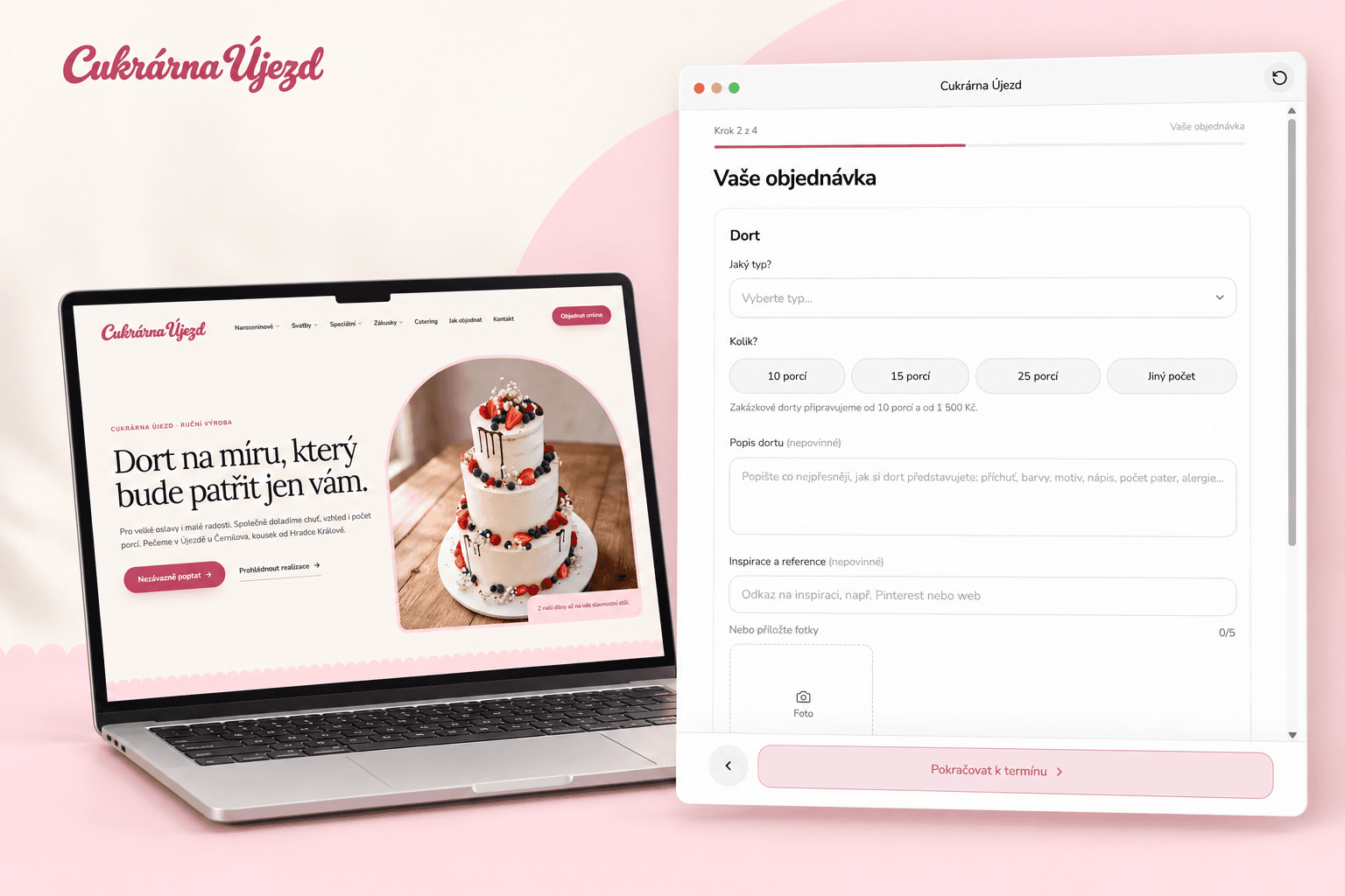 Web Cukrárny Újezd a formulář pro objednání dortu na míru