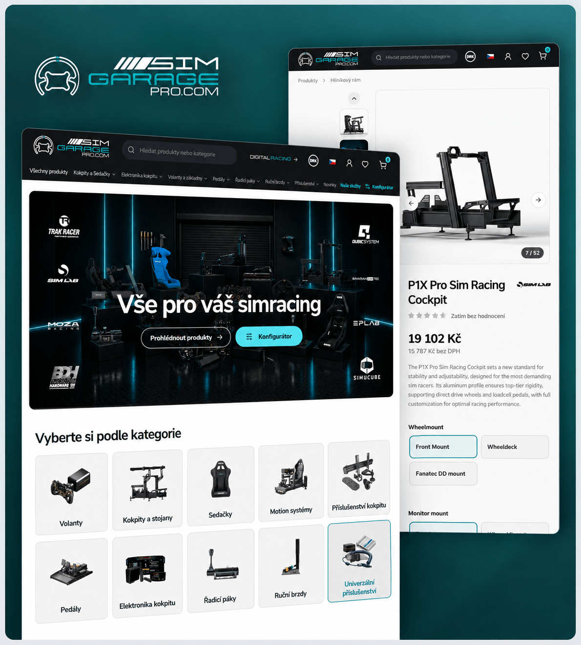 Koláž e-shopu SimGarage se závodními simulátory a vybavením