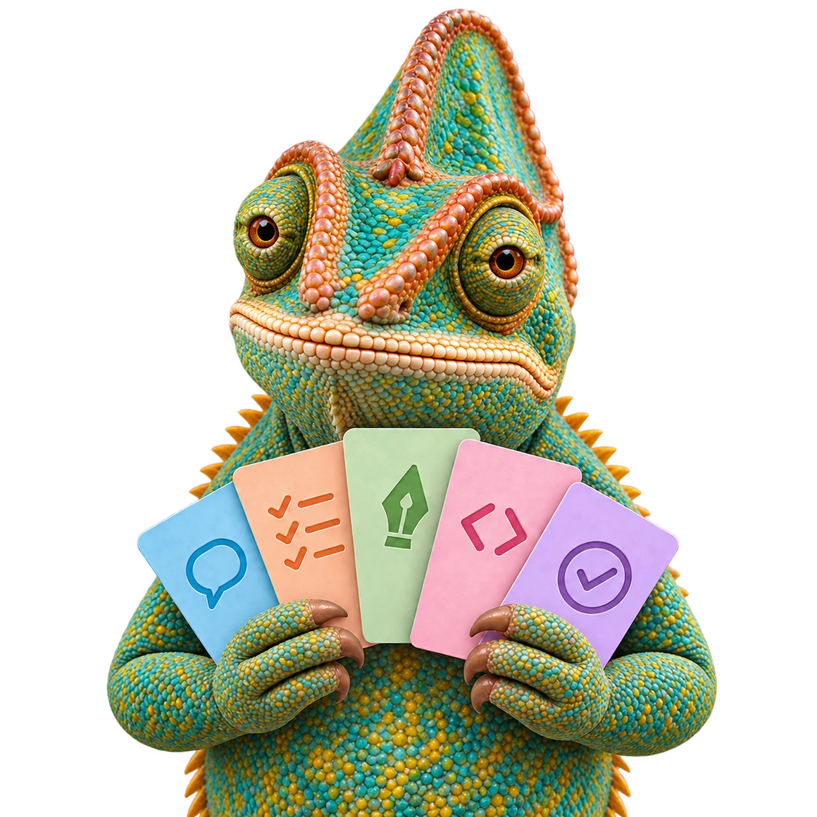 Chameleon drží pět pastelových karet znázorňujících postup spolupráce