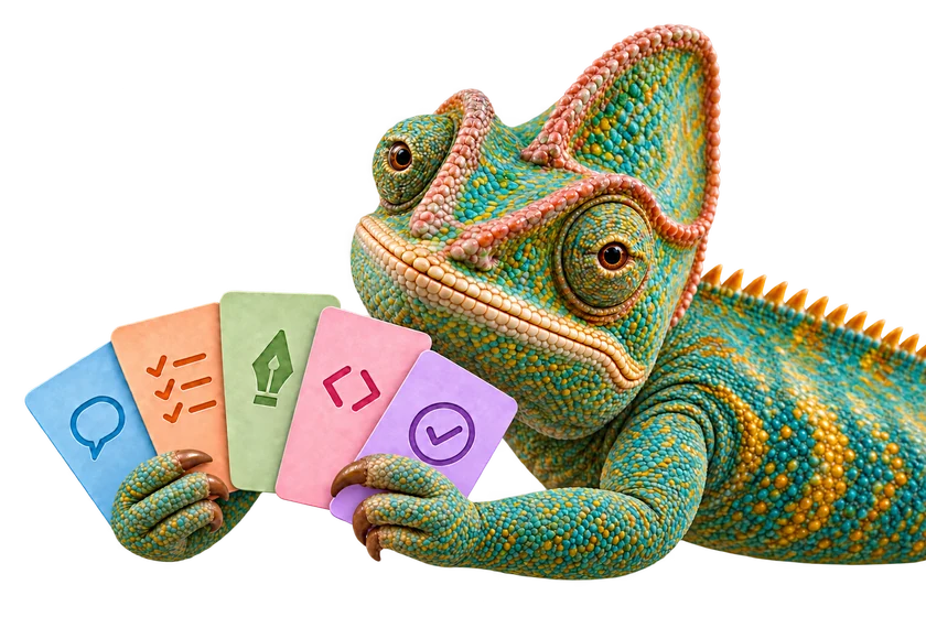 Chameleon s pěti pastelovými kartami postupu spolupráce
